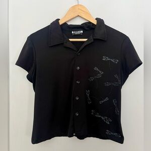 Black Button-Up Shirt with Dragonfly Design